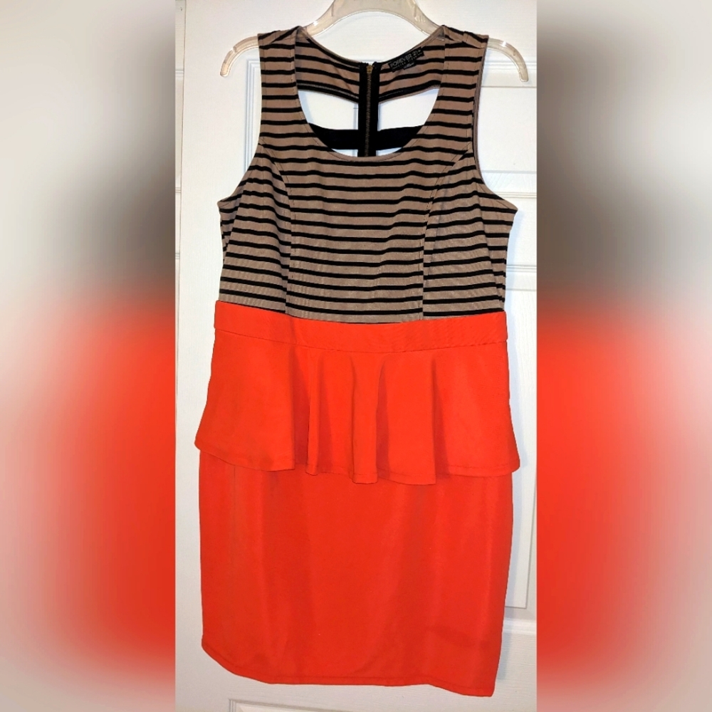 Forever21 Plus Black/Nude/Orange Striped Peplum Combo Dress 3X